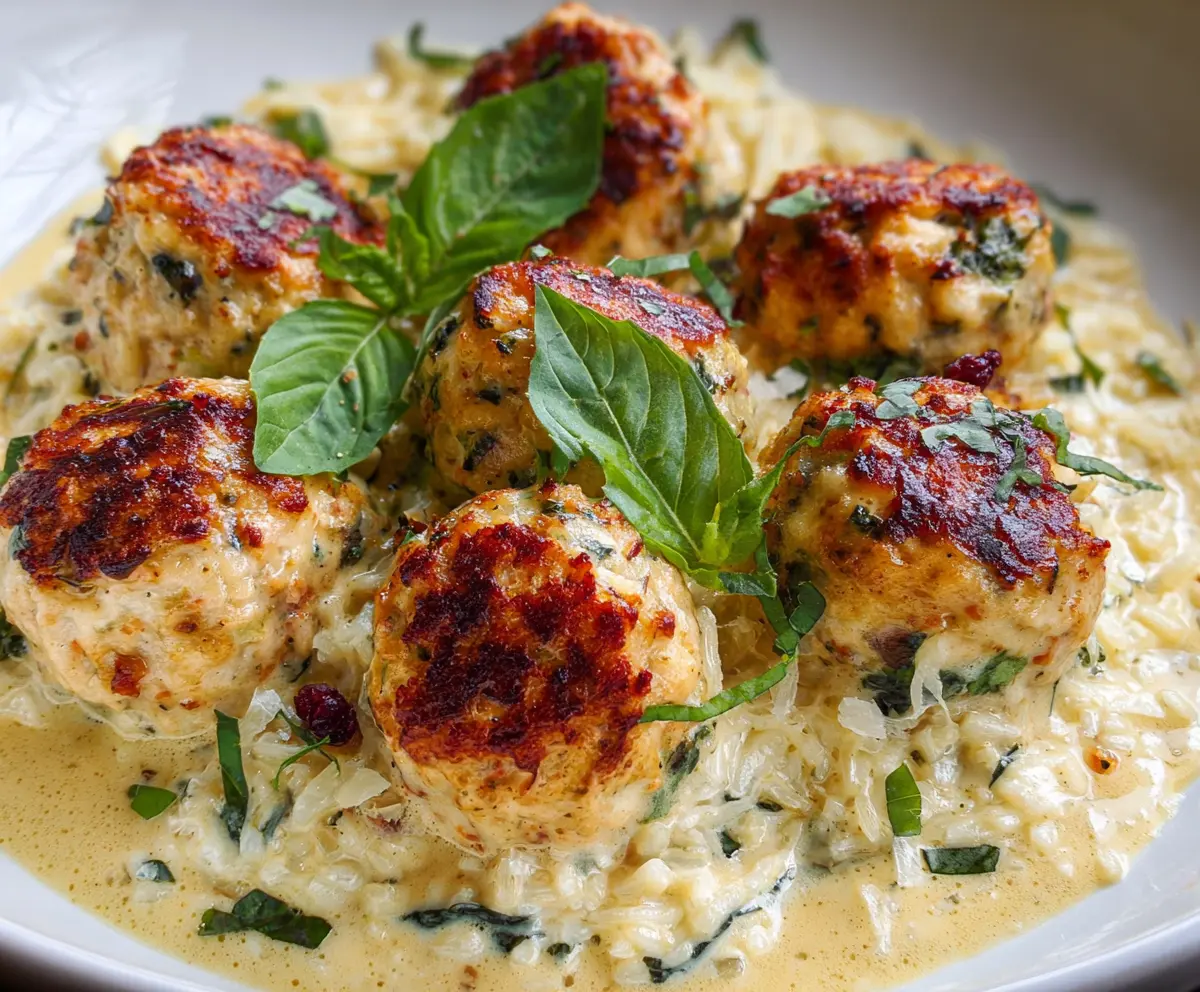 Delicious chicken ricotta meatballs served on a plate with fresh herbs and marinara sauce
