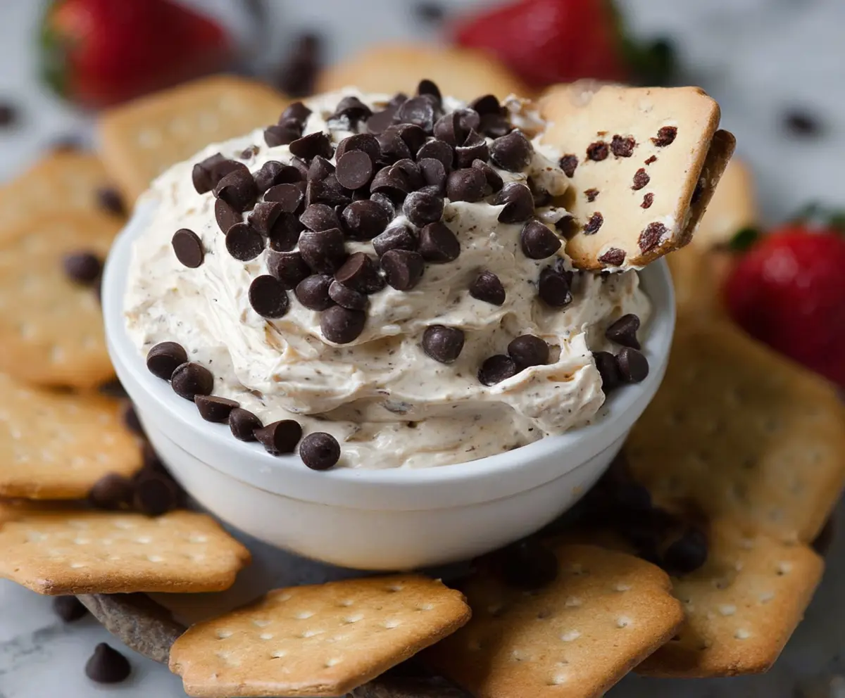 Creamy chocolate chip dessert dip served in a bowl with fresh fruits for dipping.