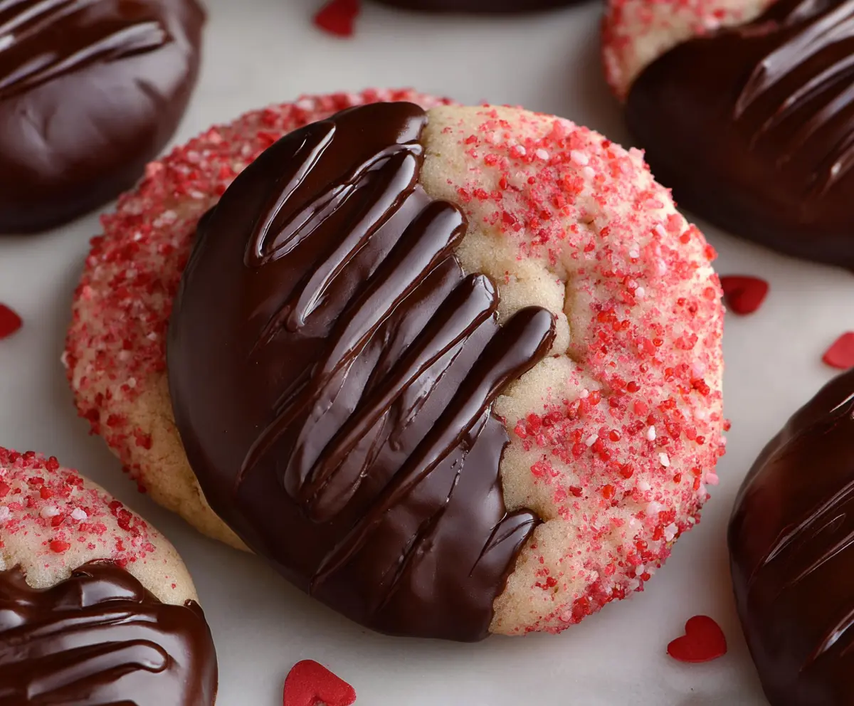 Delicious chocolate covered strawberry cookies on a plate, perfect for dessert or Valentine's Day treats.