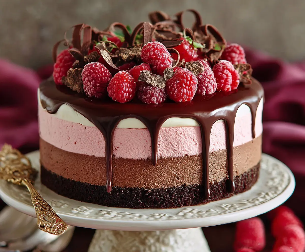 Delicious Chocolate Raspberry Mousse Cake garnished with fresh raspberries and chocolate shavings.