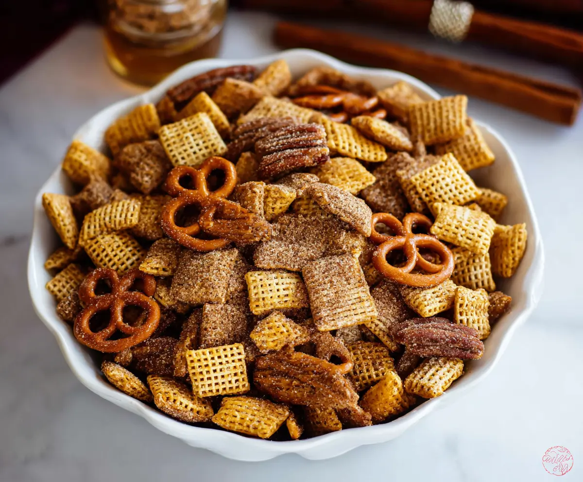 Delicious Cinnamon Sugar Chex Mix in a bowl, highlighting a sweet snack with cinnamon and sugar coating cereal bites.