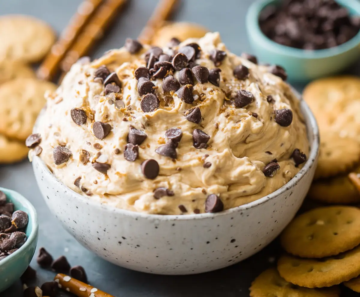 Delicious cookie dough dip served with cookies and strawberries for a sweet snack.