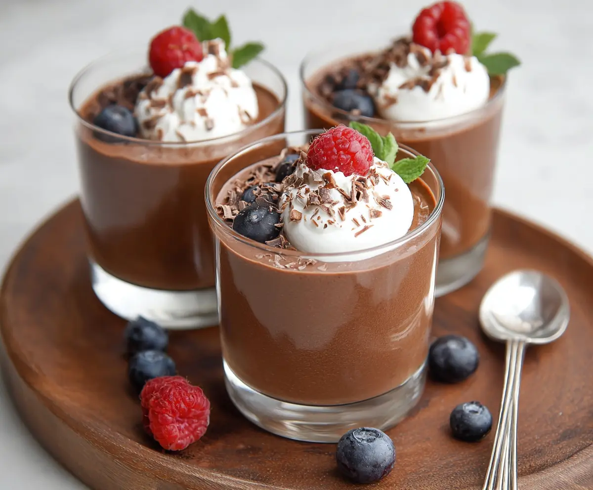 Creamy cottage cheese chocolate mousse served in a glass with cocoa powder topping.
