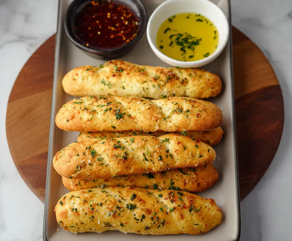 Delicious cottage cheese garlic breadsticks on a plate, garnished with herbs, perfect for snacking or appetizers.