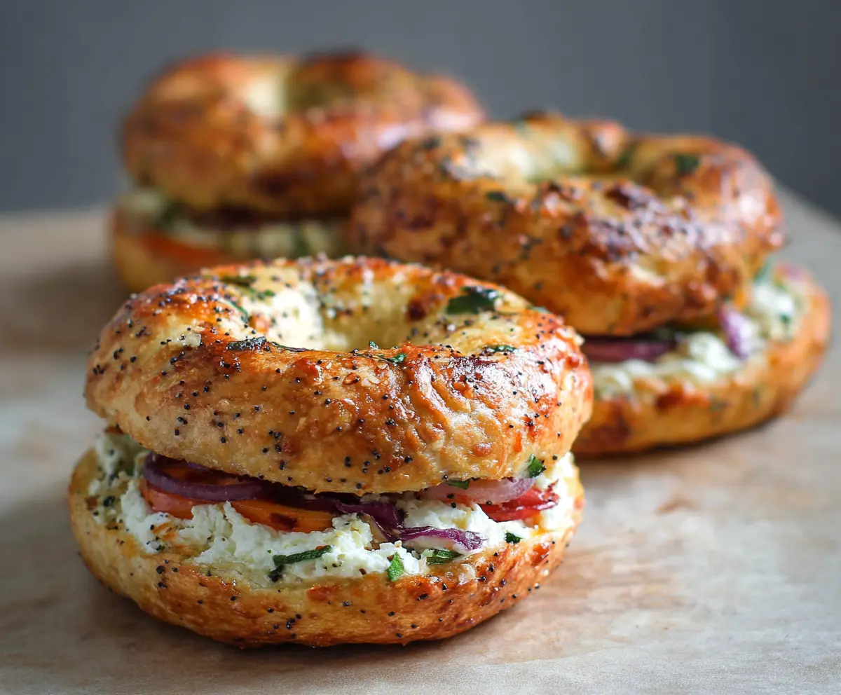 Delicious cottage cheese veggie bagels topped with fresh vegetables and herbs for a healthy snack.