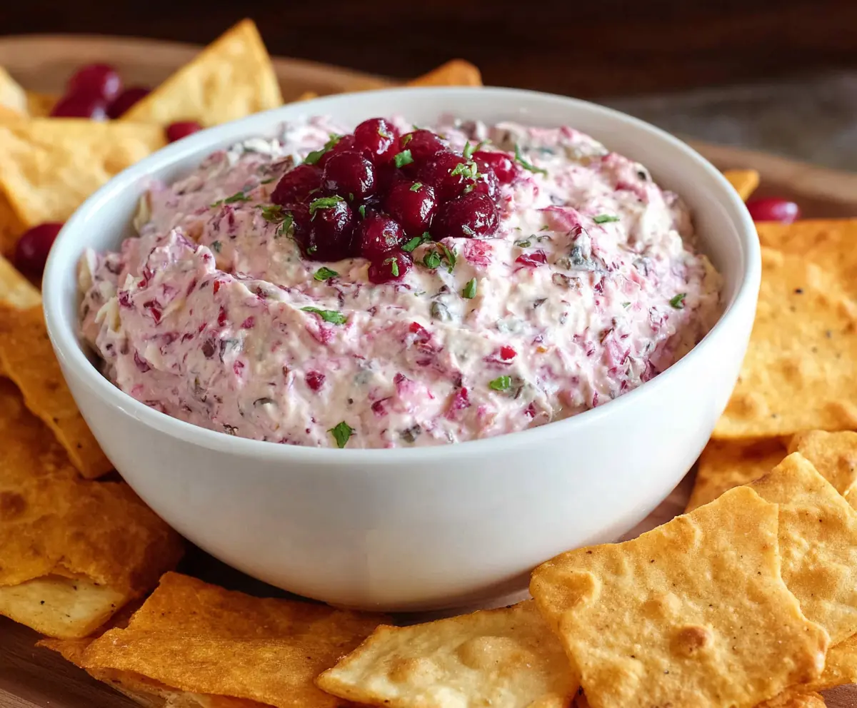 Creamy Cranberry Jalapeno Dip with fresh cranberries and chopped jalapenos for a spicy, tangy appetizer.