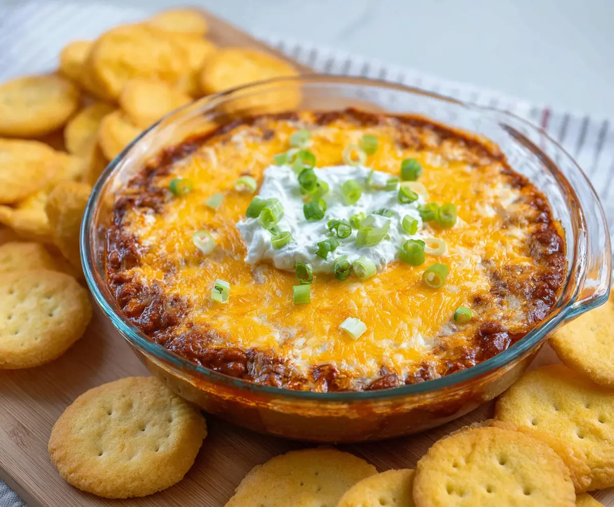 Cream Cheese Chili Dip served with tortilla chips, perfect for parties and snacks