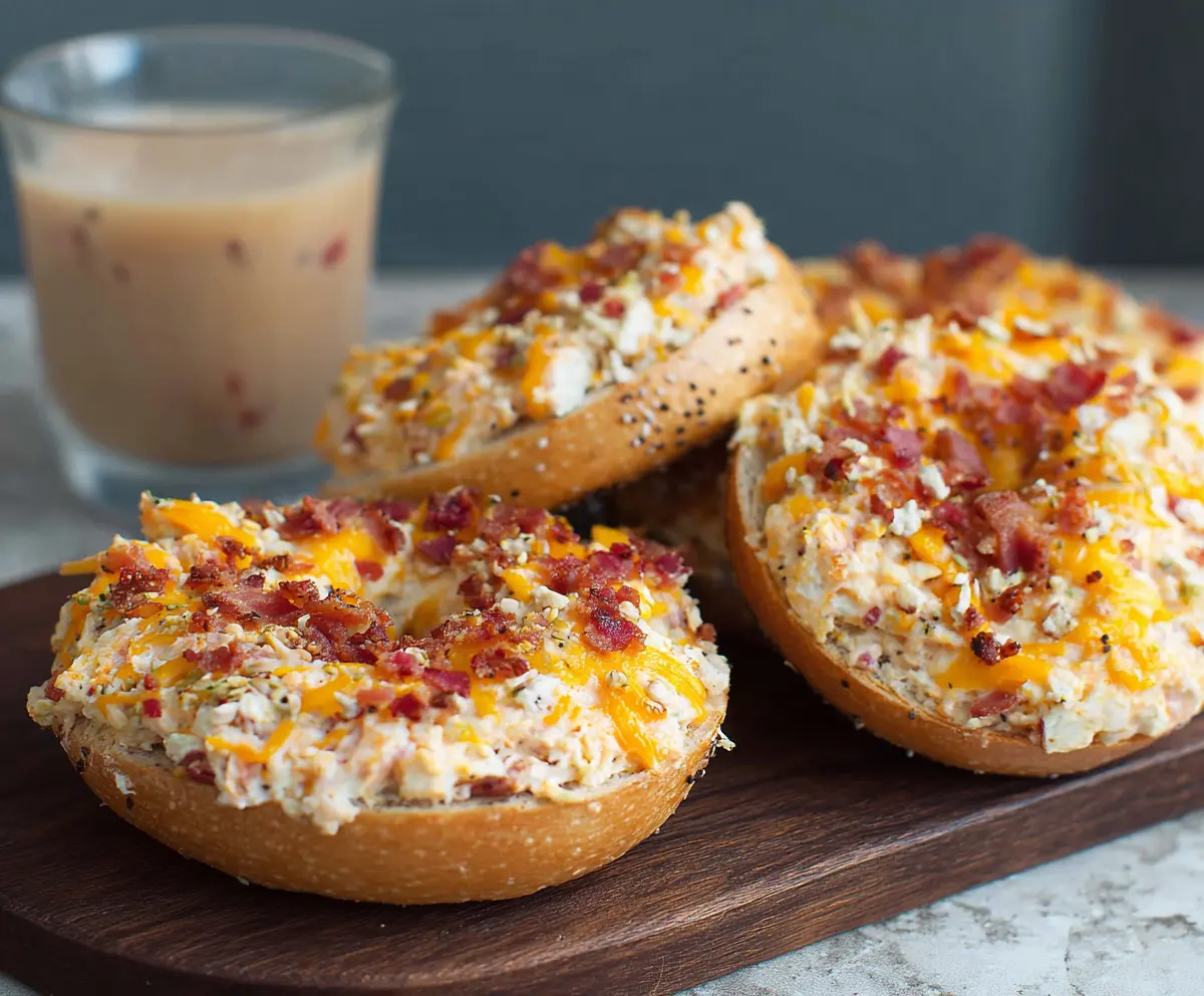 Delicious creamy bacon cheddar bagels fresh out of the oven, showcasing crispy bacon and melted cheddar cheese.