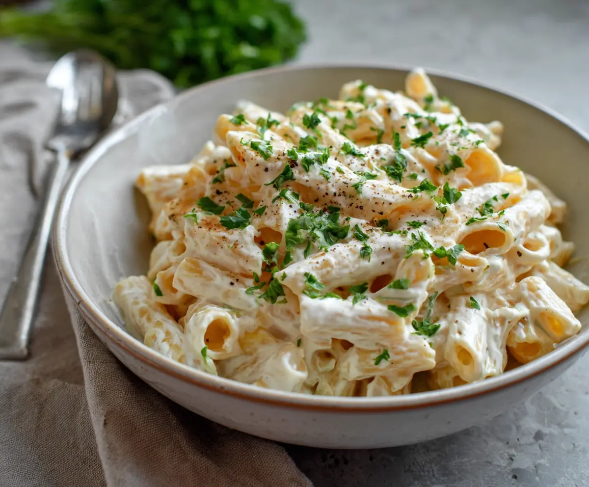 Creamy cottage cheese Alfredo sauce served over pasta in a bowl, highlighting a healthy and delicious homemade sauce.