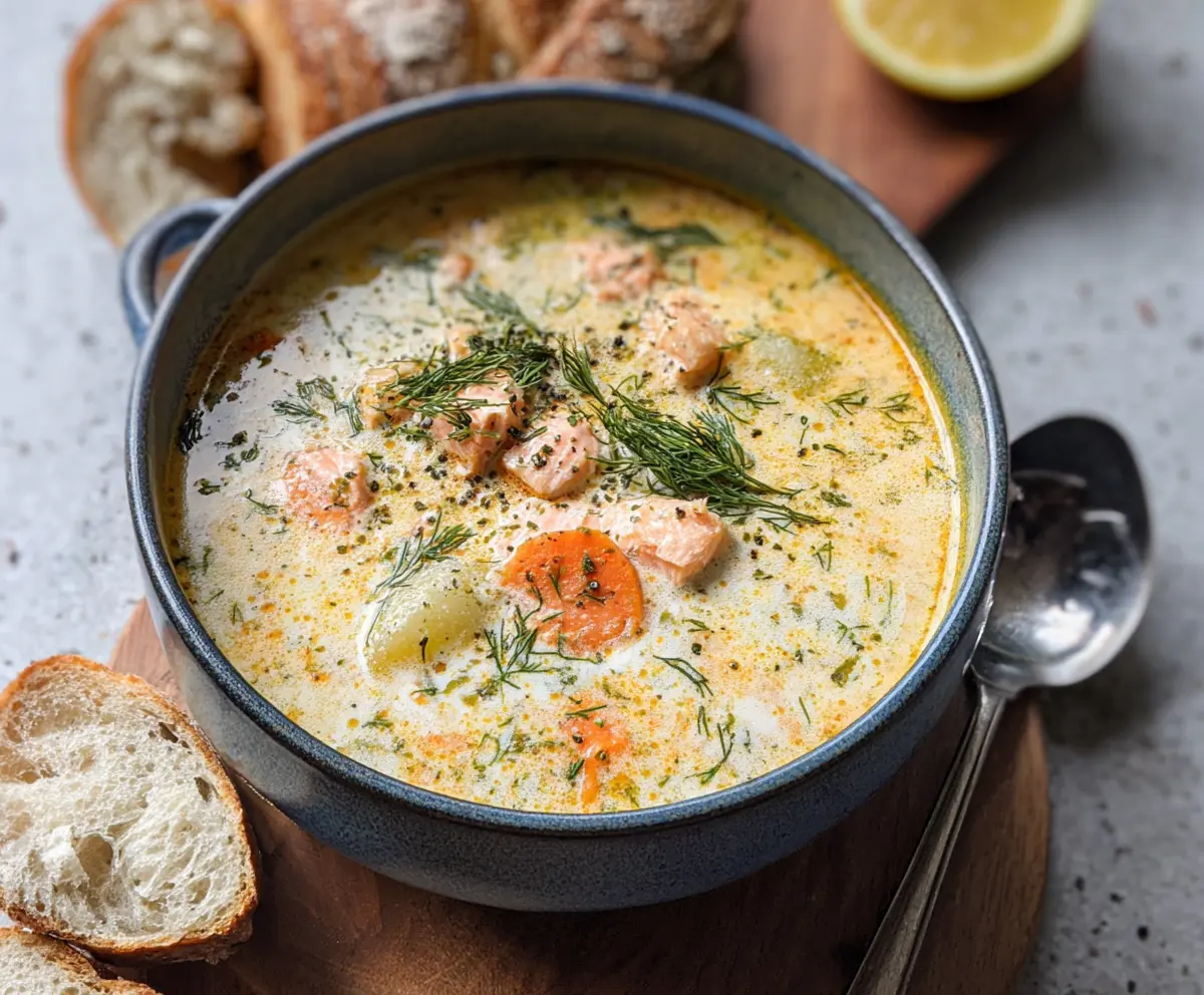 Delicious creamy dill salmon soup garnished with fresh dill and served in a white bowl.