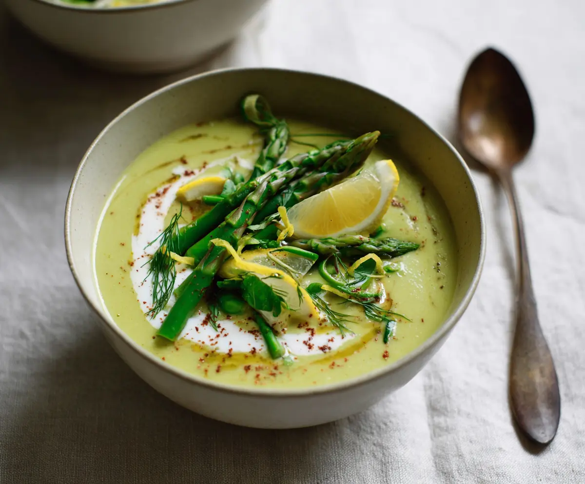 A bowl of creamy tahini and lemon asparagus soup garnished with fresh herbs on a rustic table.