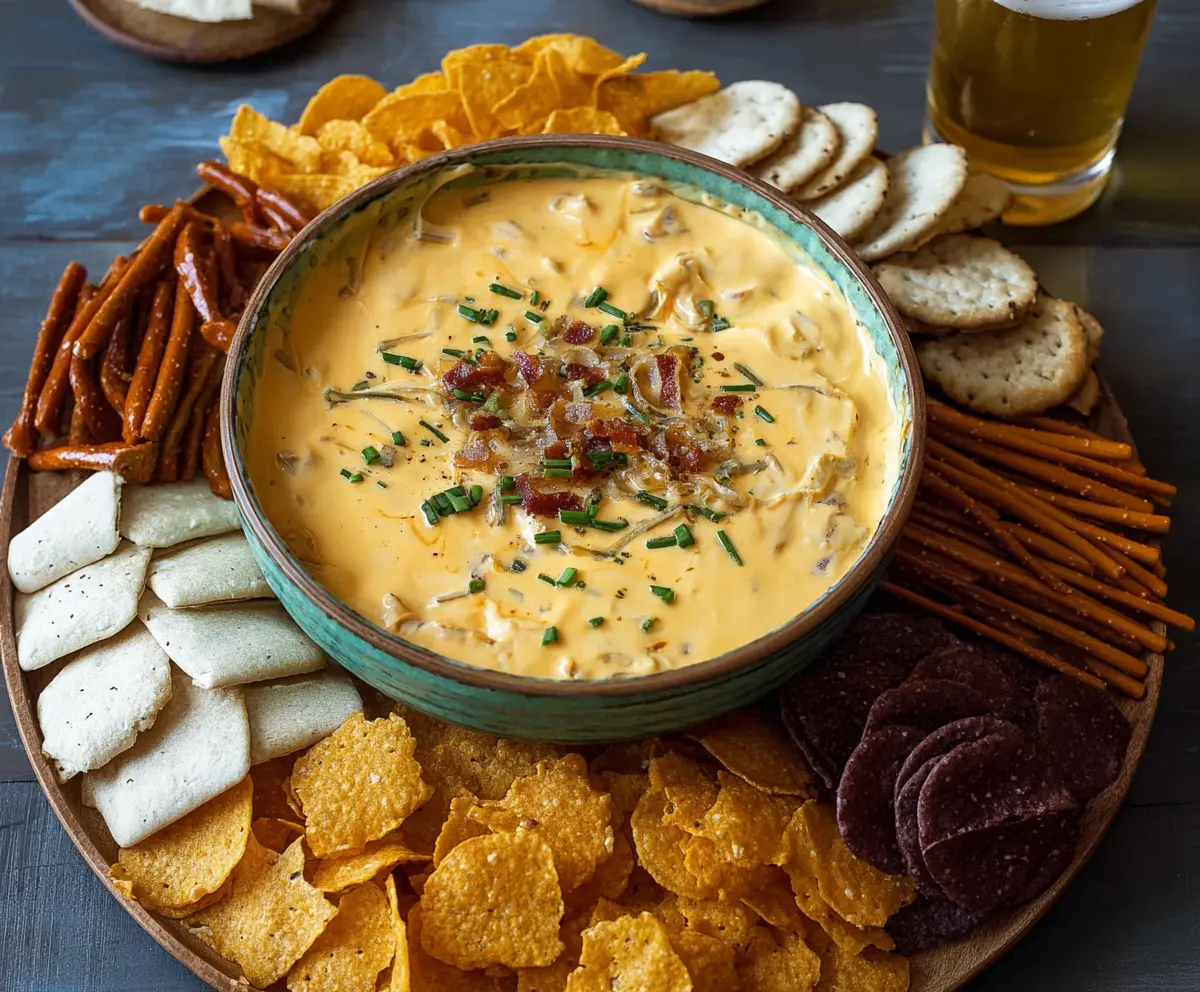 Mouthwatering Crock Pot Beer Cheese Dip served with crispy pretzels and fresh veggies
