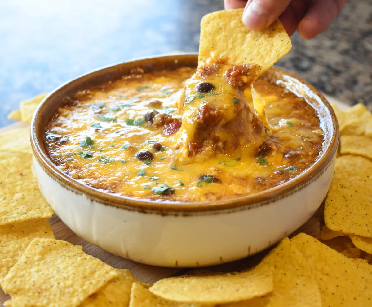 Creamy Crockpot Chili Cheese Dip topped with melted cheese and fresh herbs, perfect for parties.