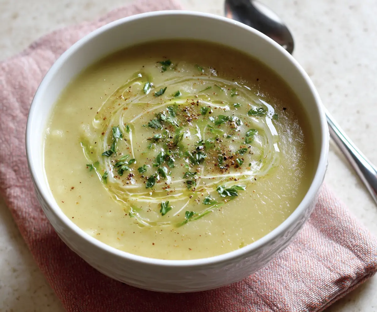 Creamy Crockpot Potato Leek Soup in a bowl with fresh herbs on top