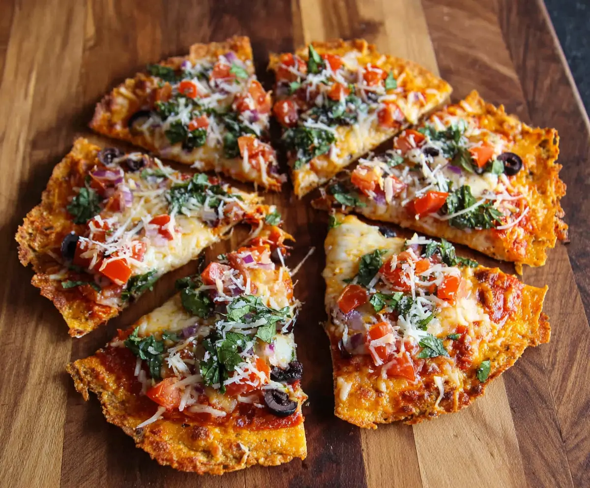 Delicious crunchy tortilla pizza topped with cheese and fresh vegetables