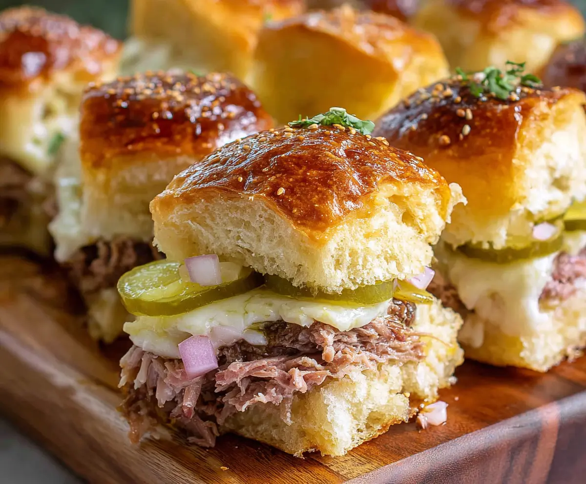 Delicious Cuban Sliders with ham, roasted pork, pickles, and Swiss cheese layered on slider buns.