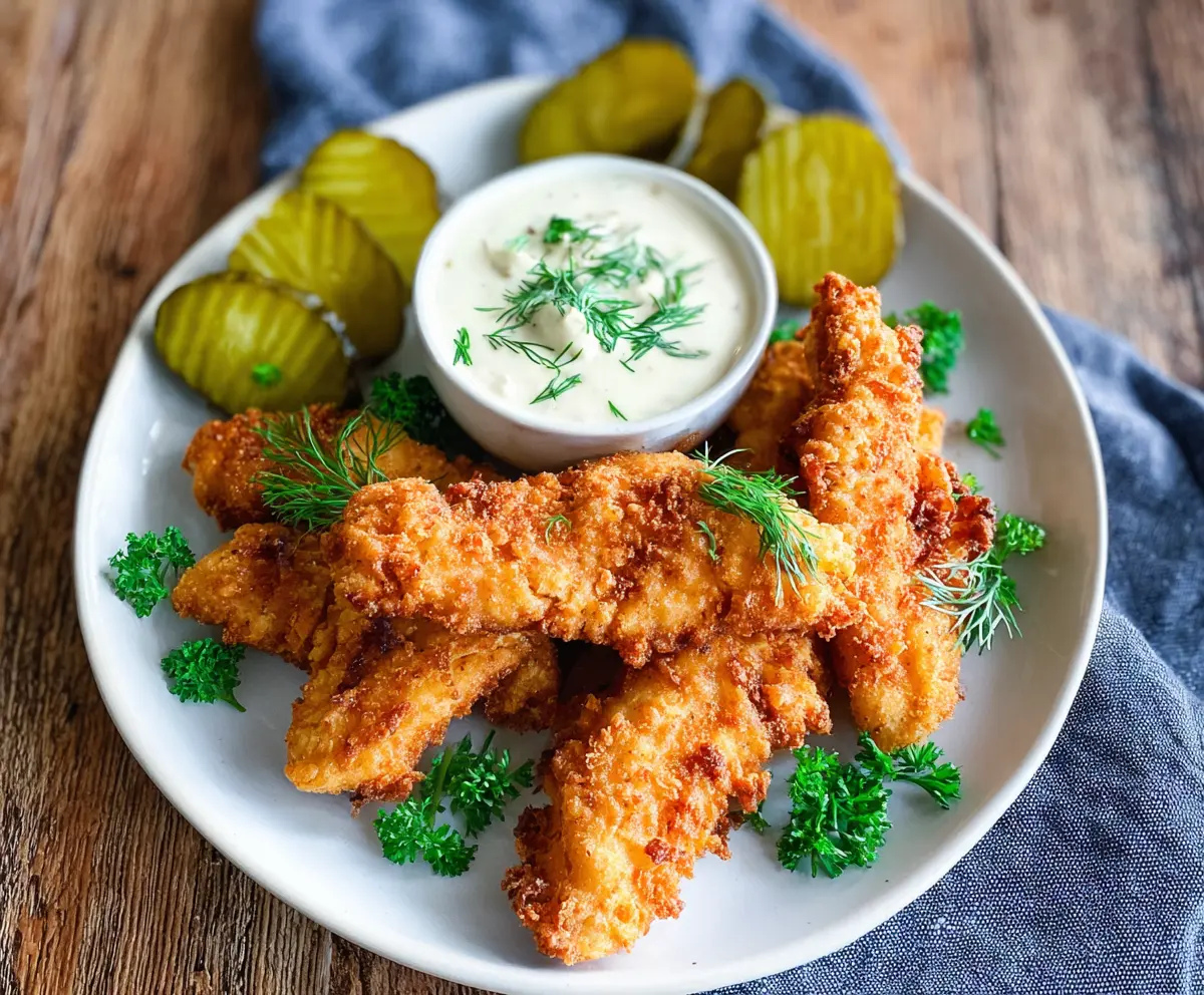 Crispy Dill Pickle Ranch Chicken Tenders on a plate with fresh herbs