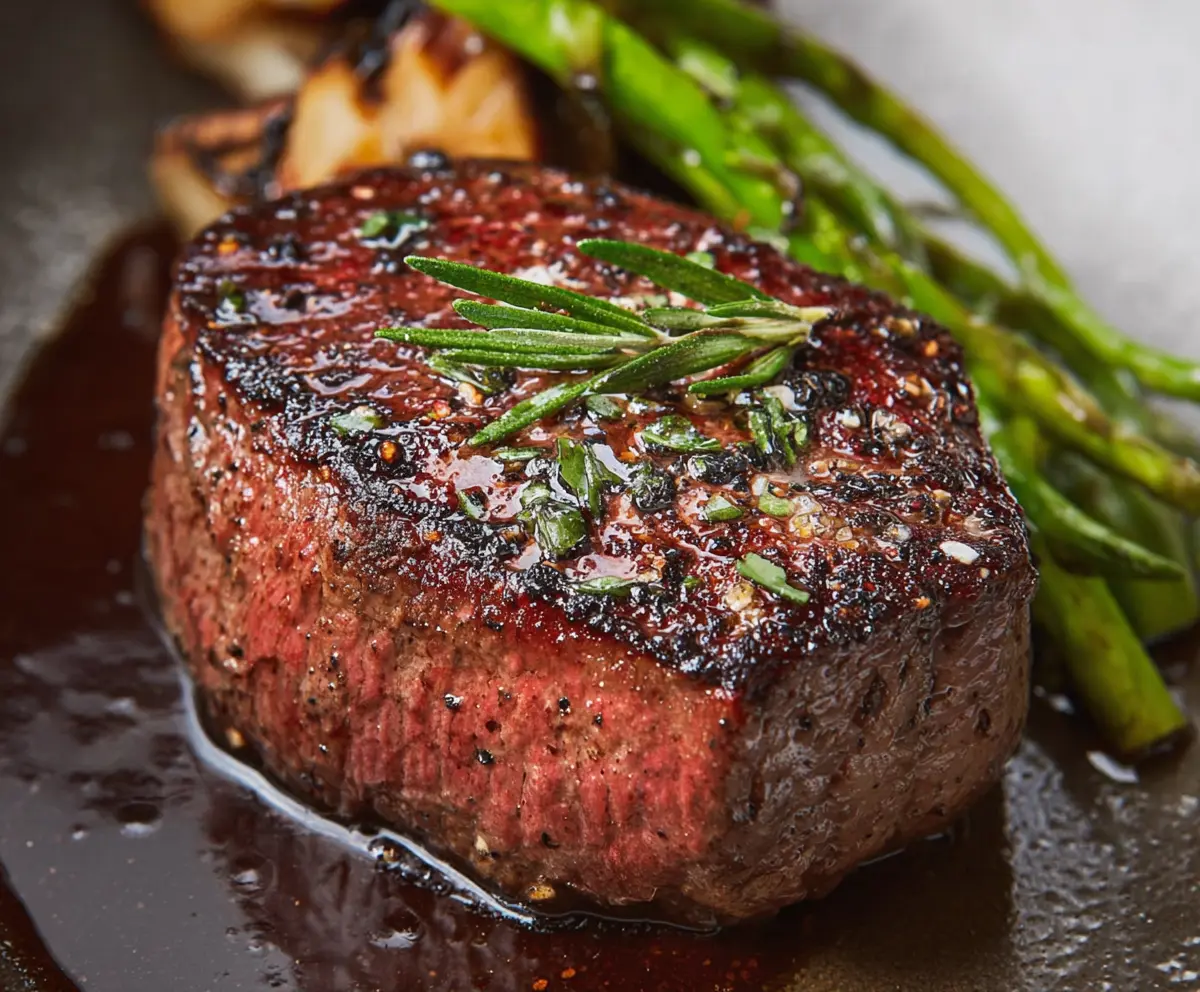 Juicy and tender filet mignon steak cooked to perfection on a dinner plate.