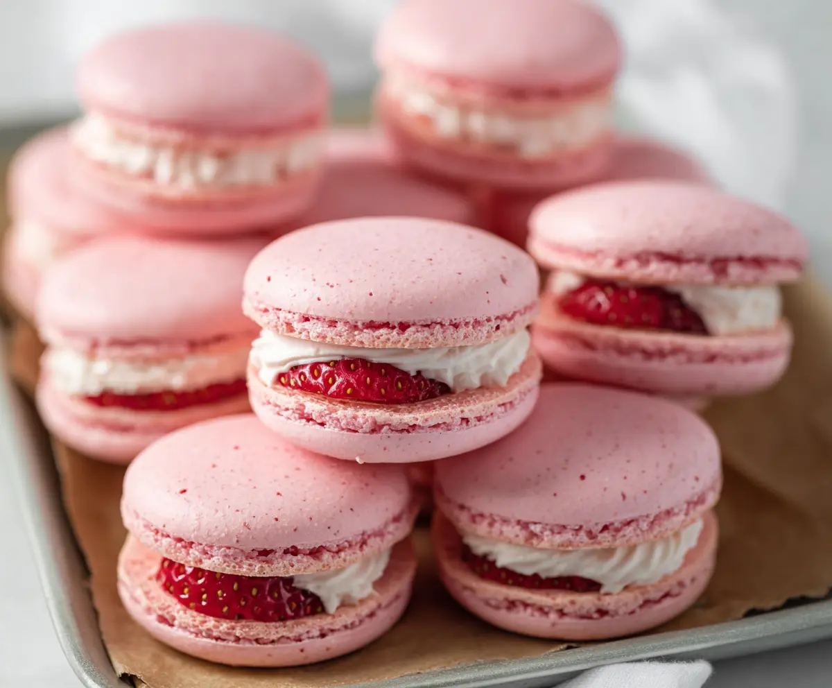 Delicious French strawberry macarons with vibrant pink shells and creamy filling on a white plate.