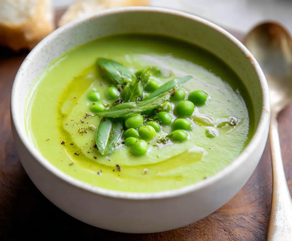 Creamy and vibrant fresh pea soup served in a white bowl, garnished with mint leaves for a refreshing touch.
