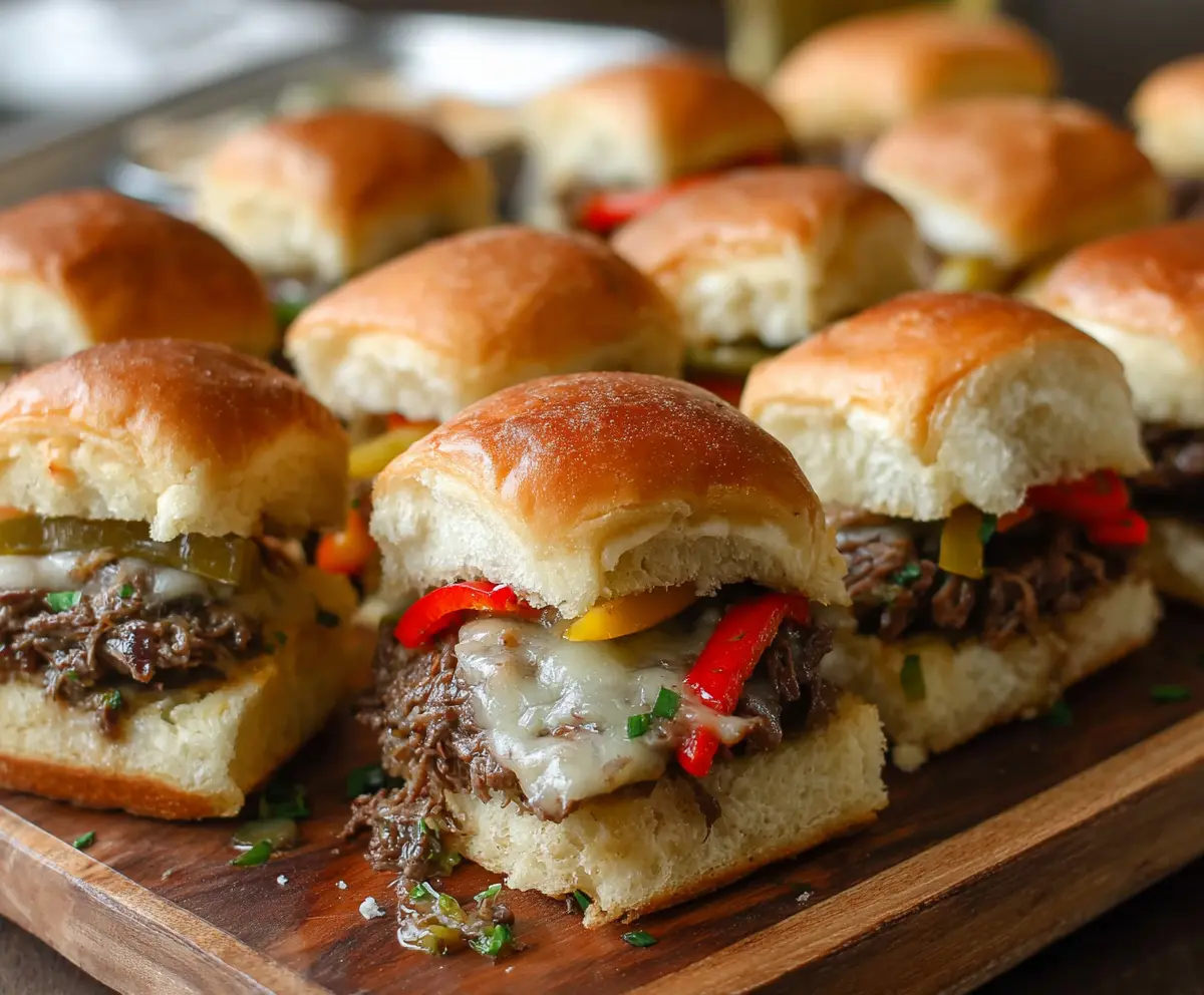 Delicious Game Day Philly Cheesesteak Sliders with melted cheese and tender steak on mini sandwich buns.