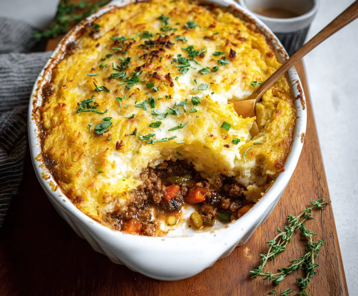 Delicious gluten-free shepherd's pie with a golden mashed potato crust and savory meat filling.