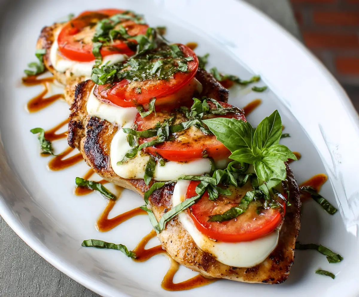 Delicious grilled chicken topped with fresh mozzarella, basil, and a balsamic glaze, perfect for a Caprese-inspired meal.
