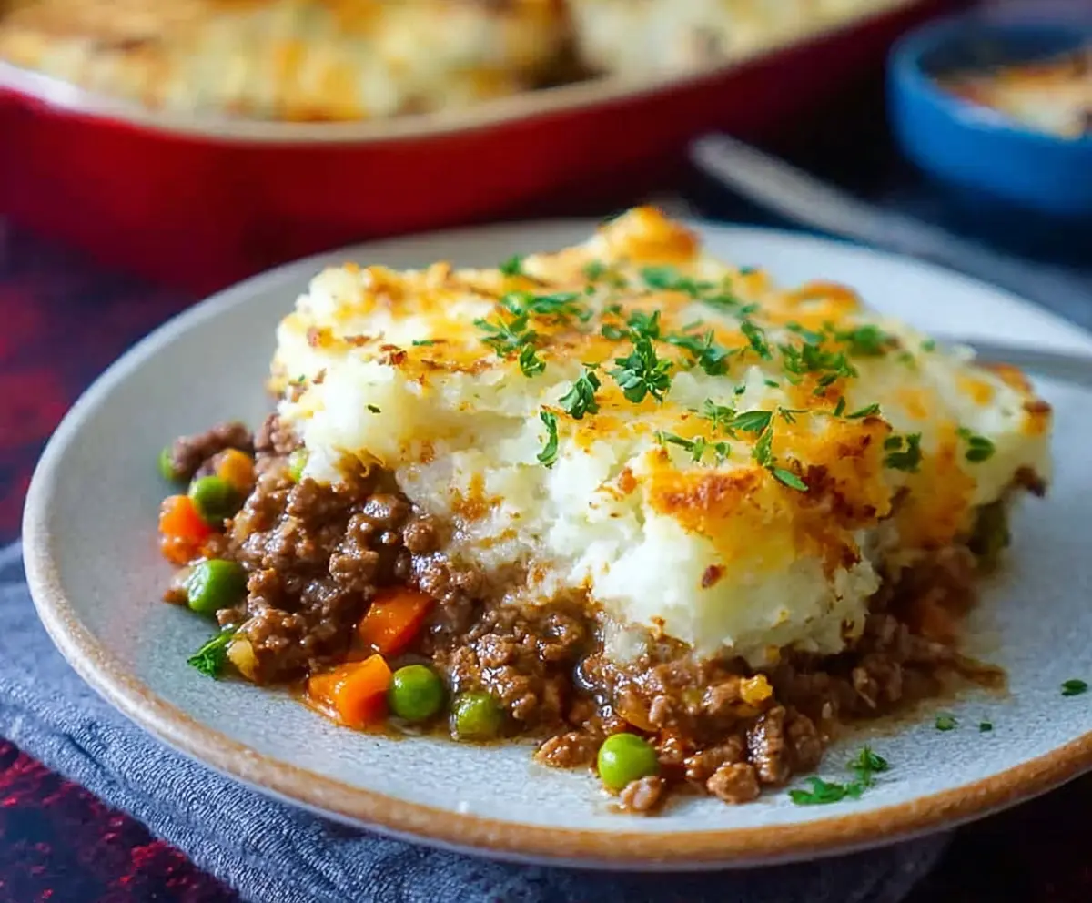 Delicious Ground Beef Shepherd's Pie topped with golden mashed potatoes and savory beef filling.