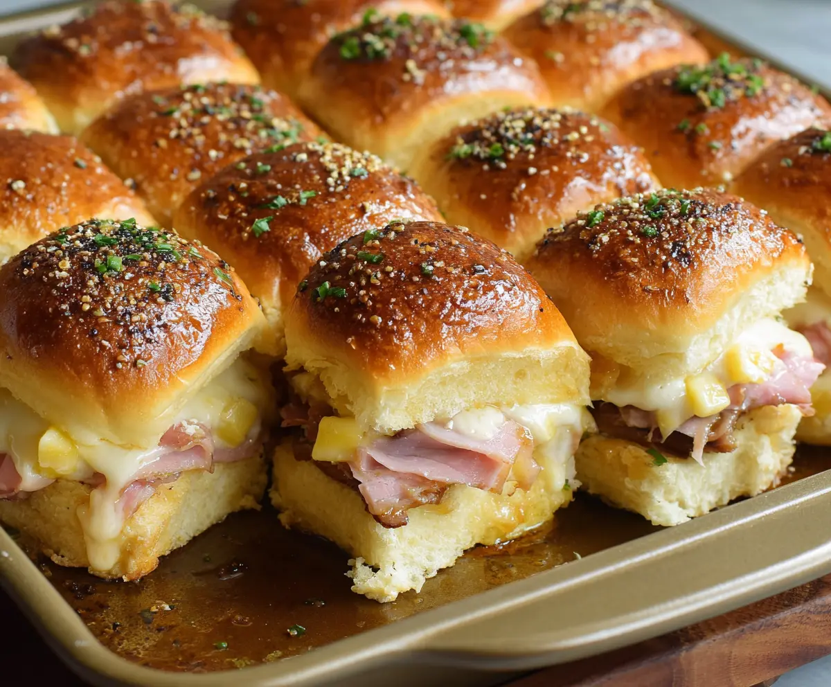 Delicious Hawaiian Roll Sliders with melted cheese and savory fillings on a platter.