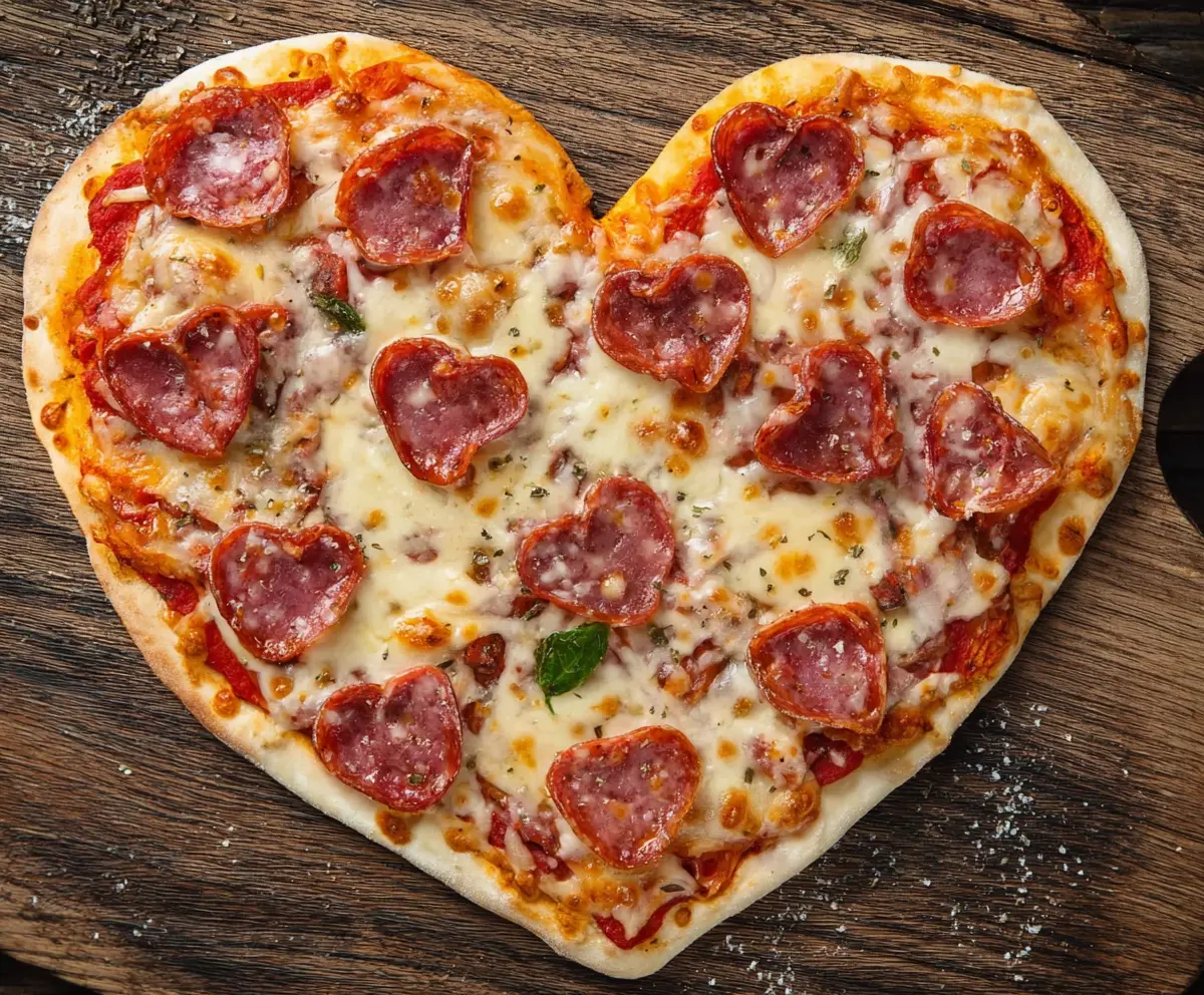 Delicious heart-shaped pizza with melted cheese and fresh toppings, perfect for a romantic dinner.