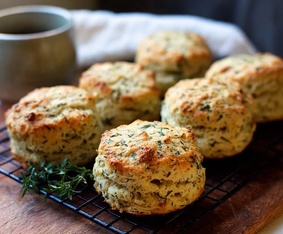 Delicious herbed cottage cheese biscuits served fresh, showcasing a golden-brown crust and aromatic herbs.