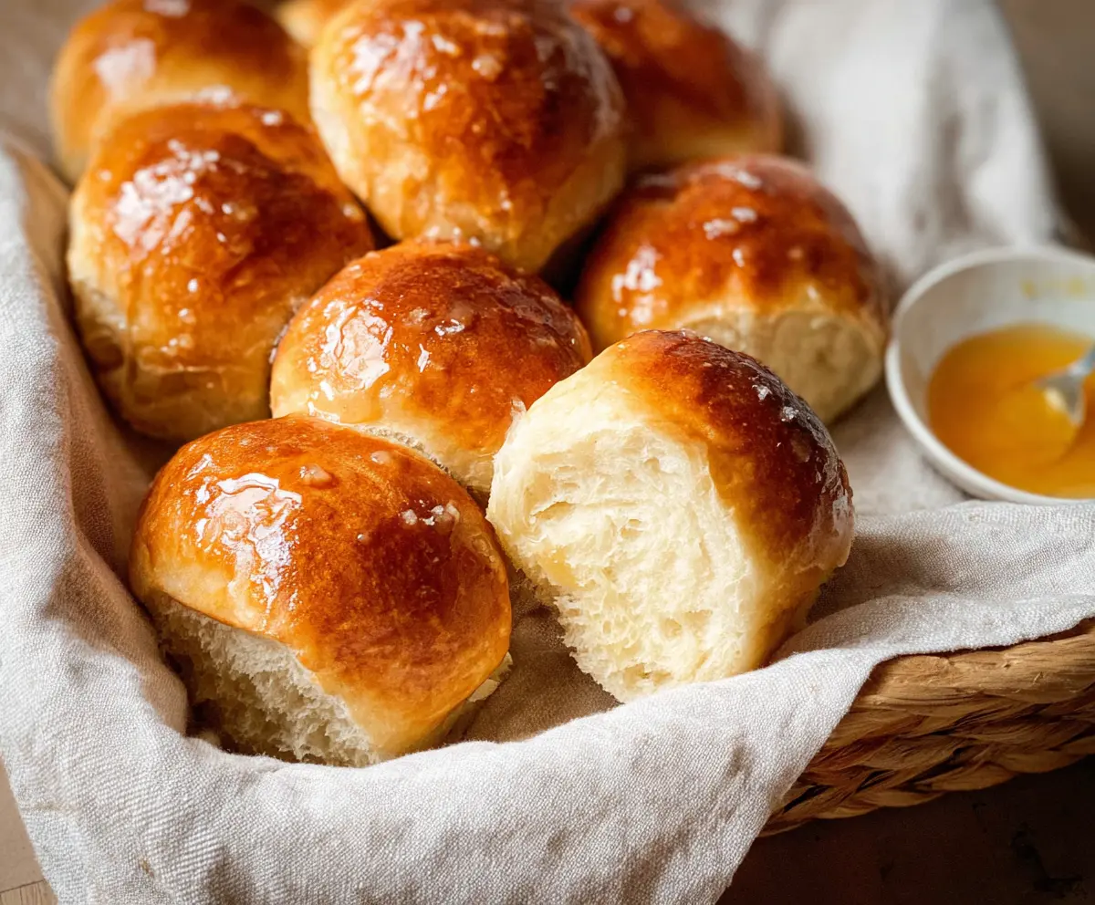 Golden Honey Butter Sourdough Discard Rolls fresh out of the oven, showcasing a soft and fluffy texture.