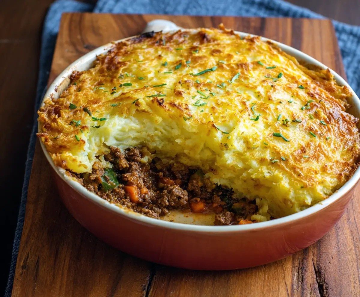 Delicious Irish Cottage Pie with mashed potatoes and hearty beef filling on a rustic plate