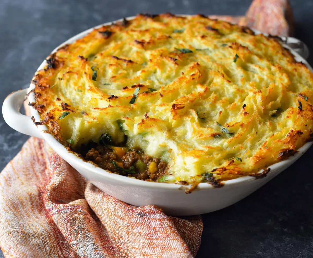 Delicious Irish Shepherd's Pie with seasoned ground beef topped with mashed potatoes and fresh herbs.