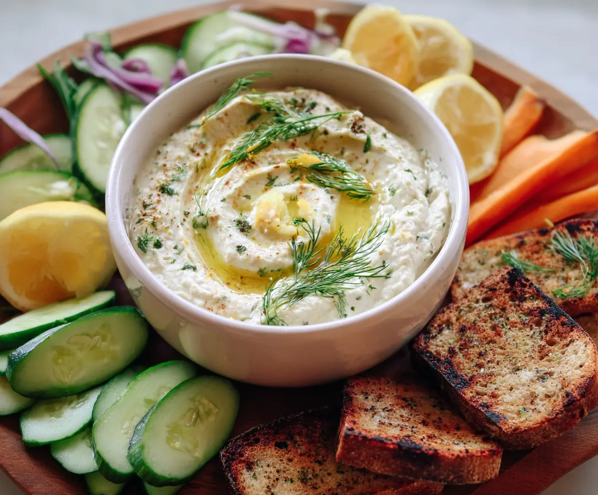 Creamy lemon and herb white bean dip served with fresh vegetables