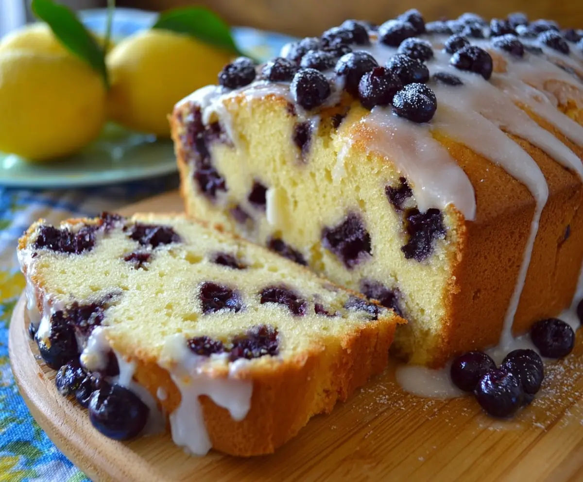 Delicious Lemon Blueberry Pound Cake with fresh blueberries and lemon glaze on a white platter