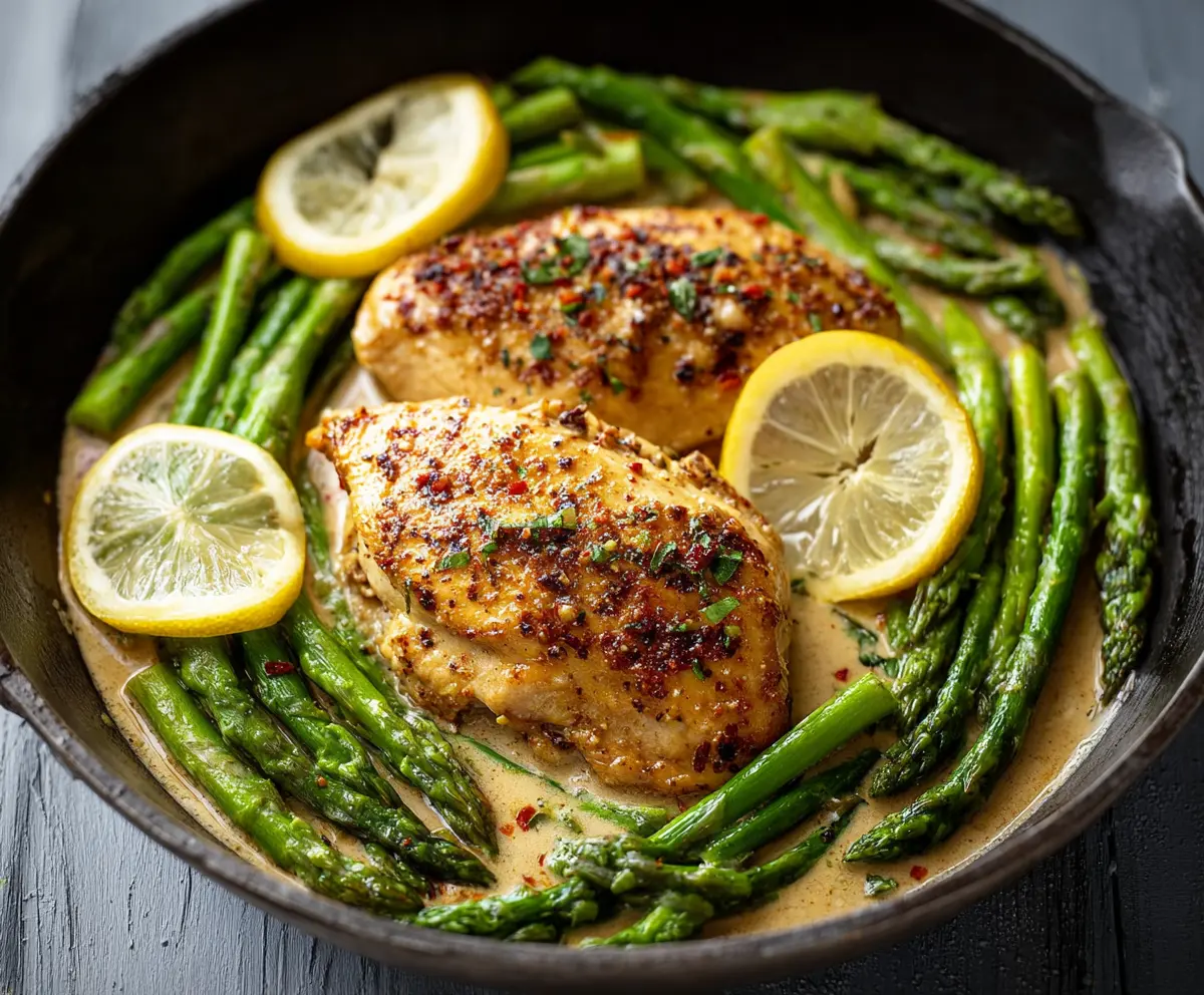 Delicious Lemon Chicken with Asparagus on a serving plate, garnished with fresh herbs