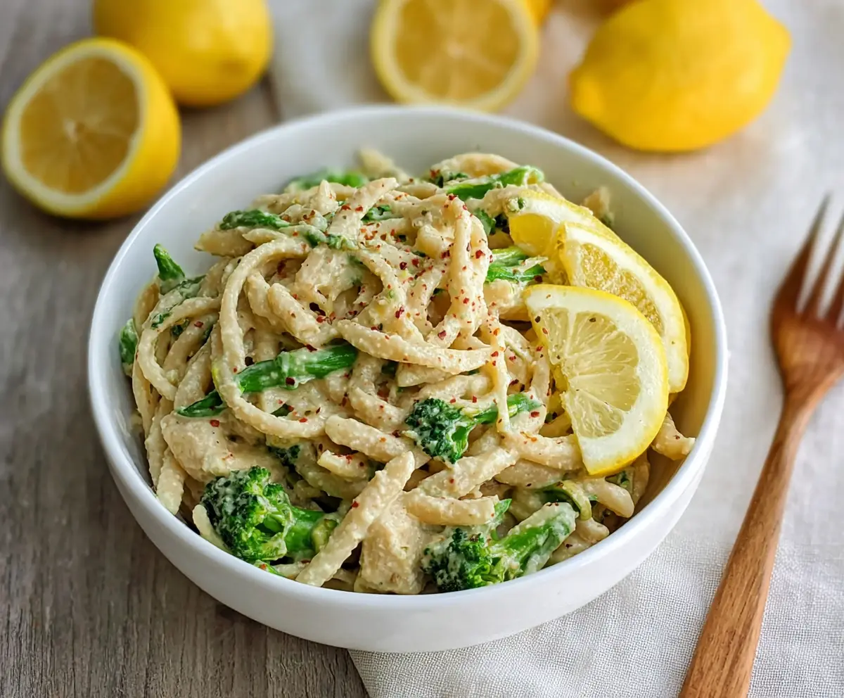 Creamy Lemon Tahini Pasta served with fresh herbs, perfect for a healthy vegetarian meal