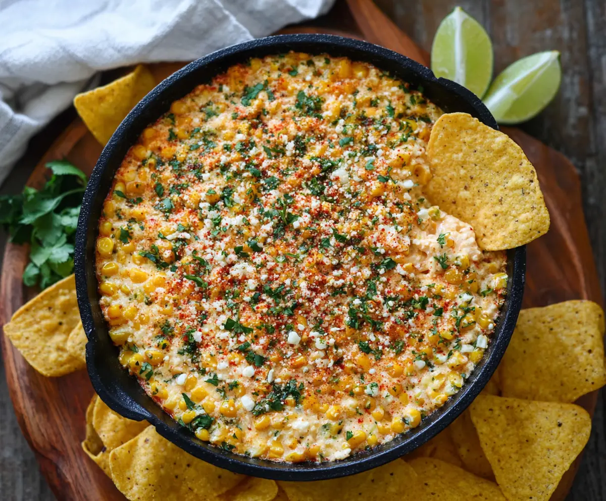 Creamy Mexican Corn Dip with cheese, spices, and fresh herbs served in a bowl.