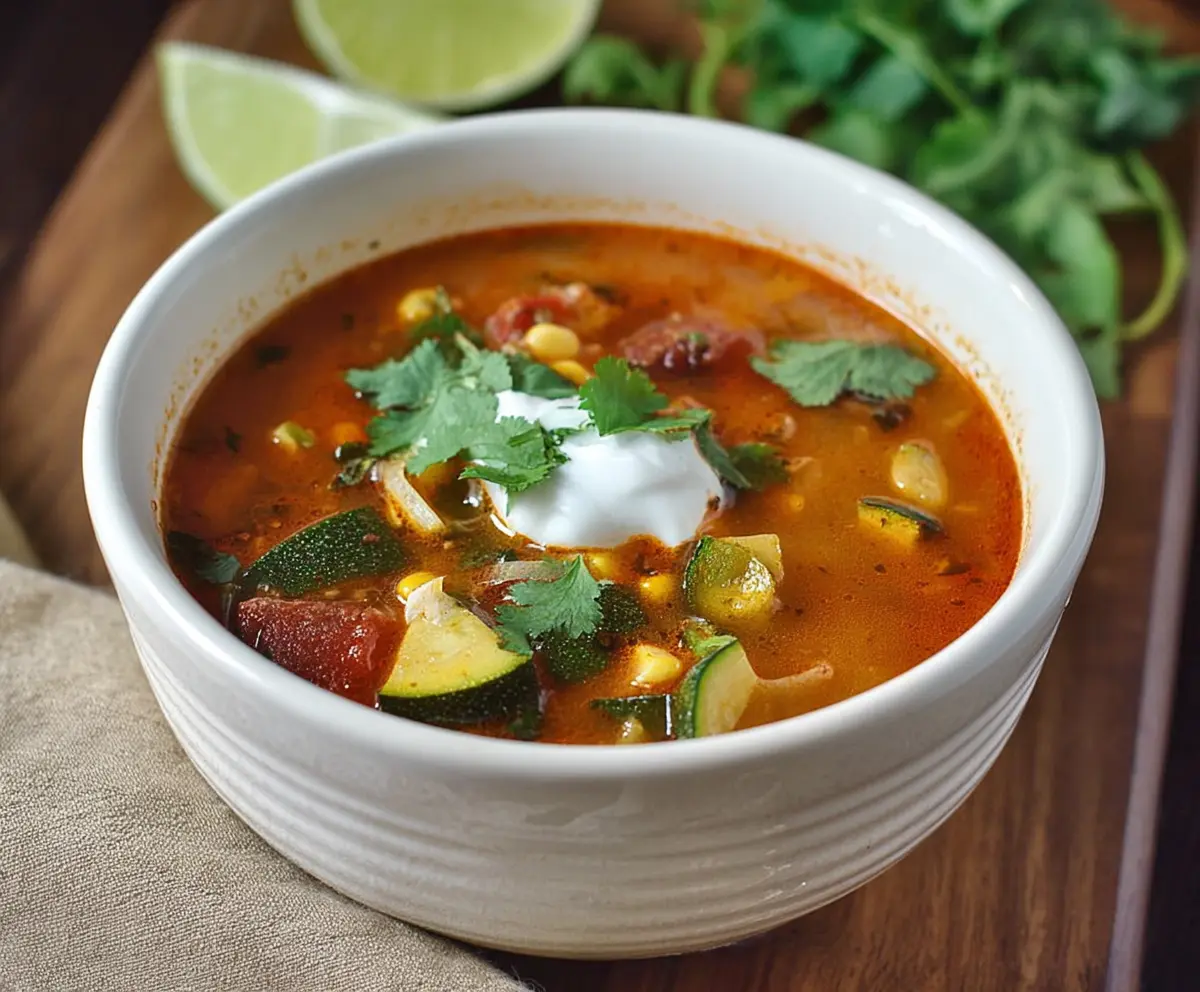 Delicious Mexican zucchini soup in a bowl with fresh herbs and lime garnish.