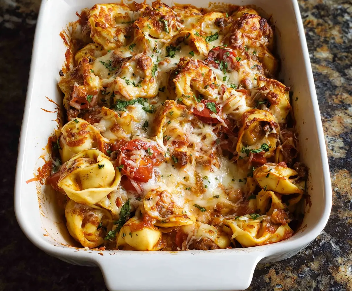 Delicious Million Dollar Tortellini Casserole with melted cheese and fresh ingredients on a baking dish.