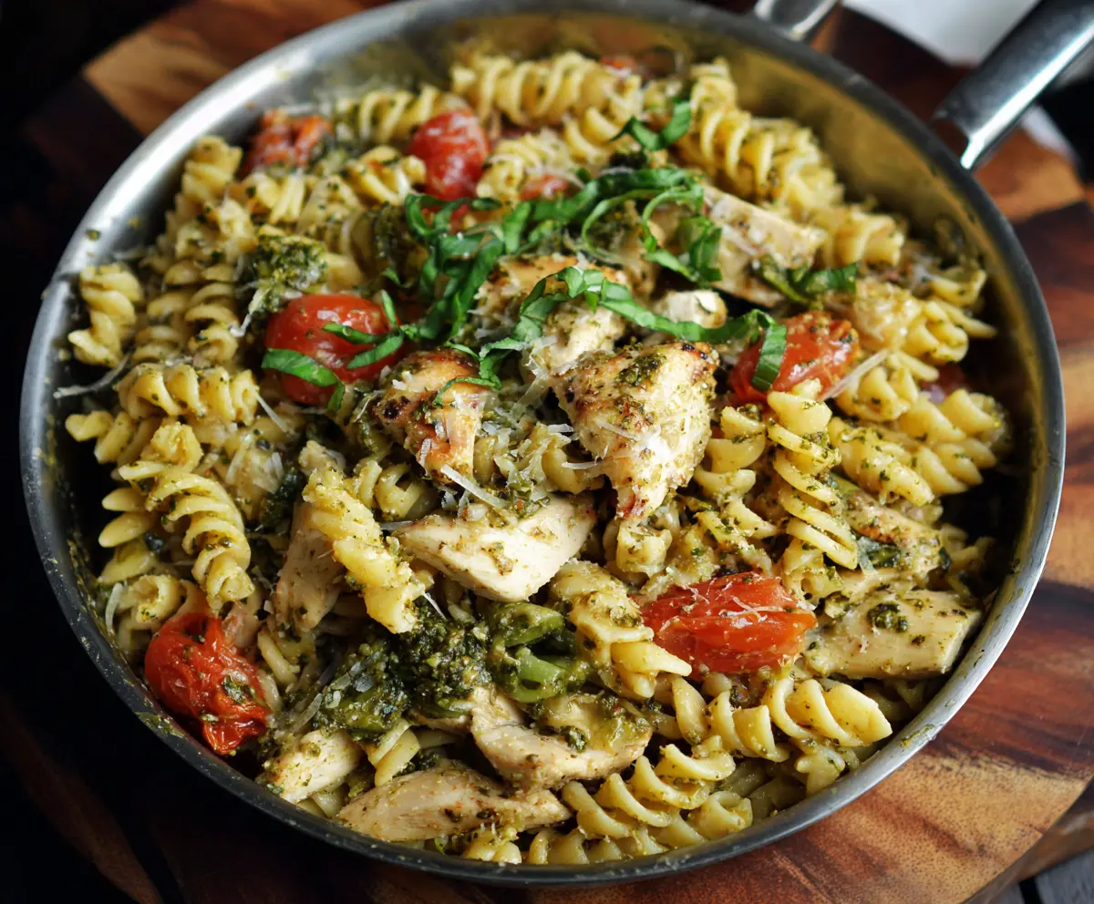 Delicious one pan pesto chicken pasta served on a white plate garnished with fresh basil