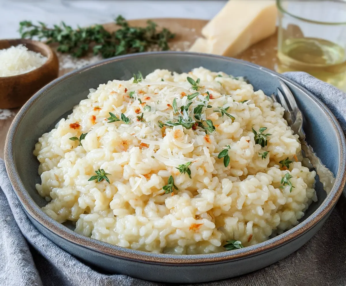 Creamy Parmesan Risotto served in a rustic bowl, garnished with fresh herbs and grated Parmesan cheese.