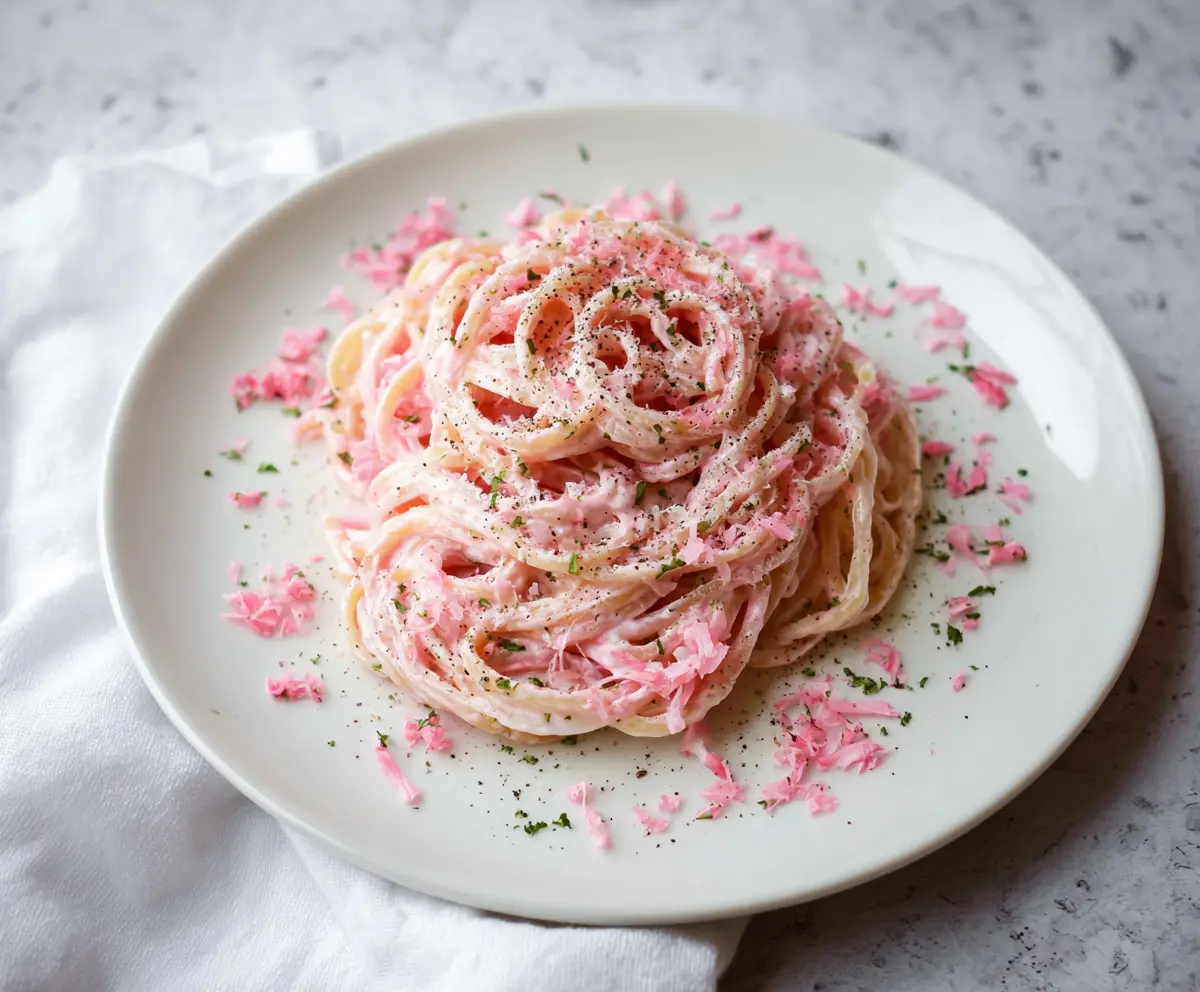 Delicious Pink Cacio E Pepe pasta dish garnished with black pepper and cheese.
