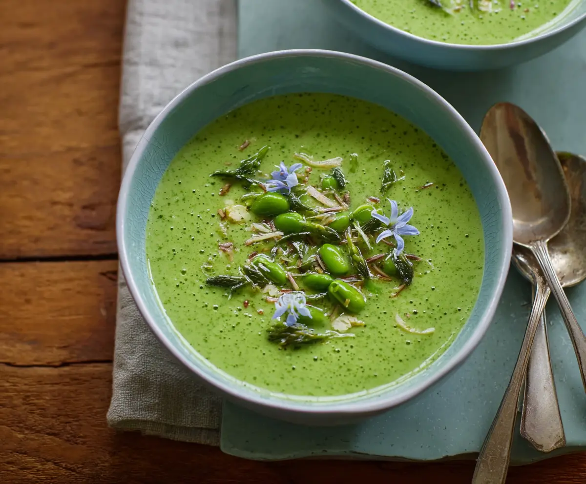 Fresh Primavera Spring Green Soup with vibrant vegetables and herbs served in a bowl.