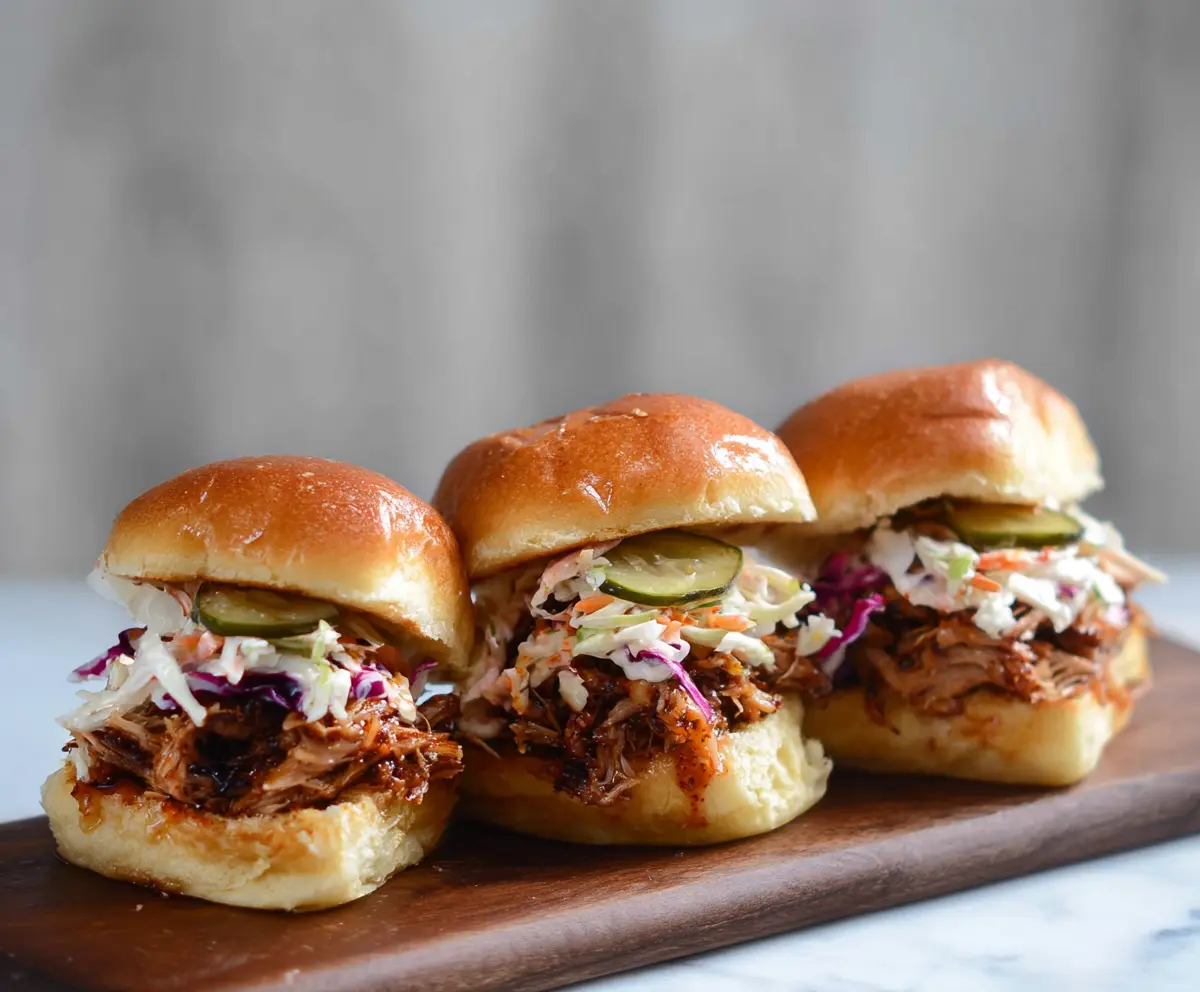 Delicious pulled pork sliders with soft buns and savory toppings on a plate