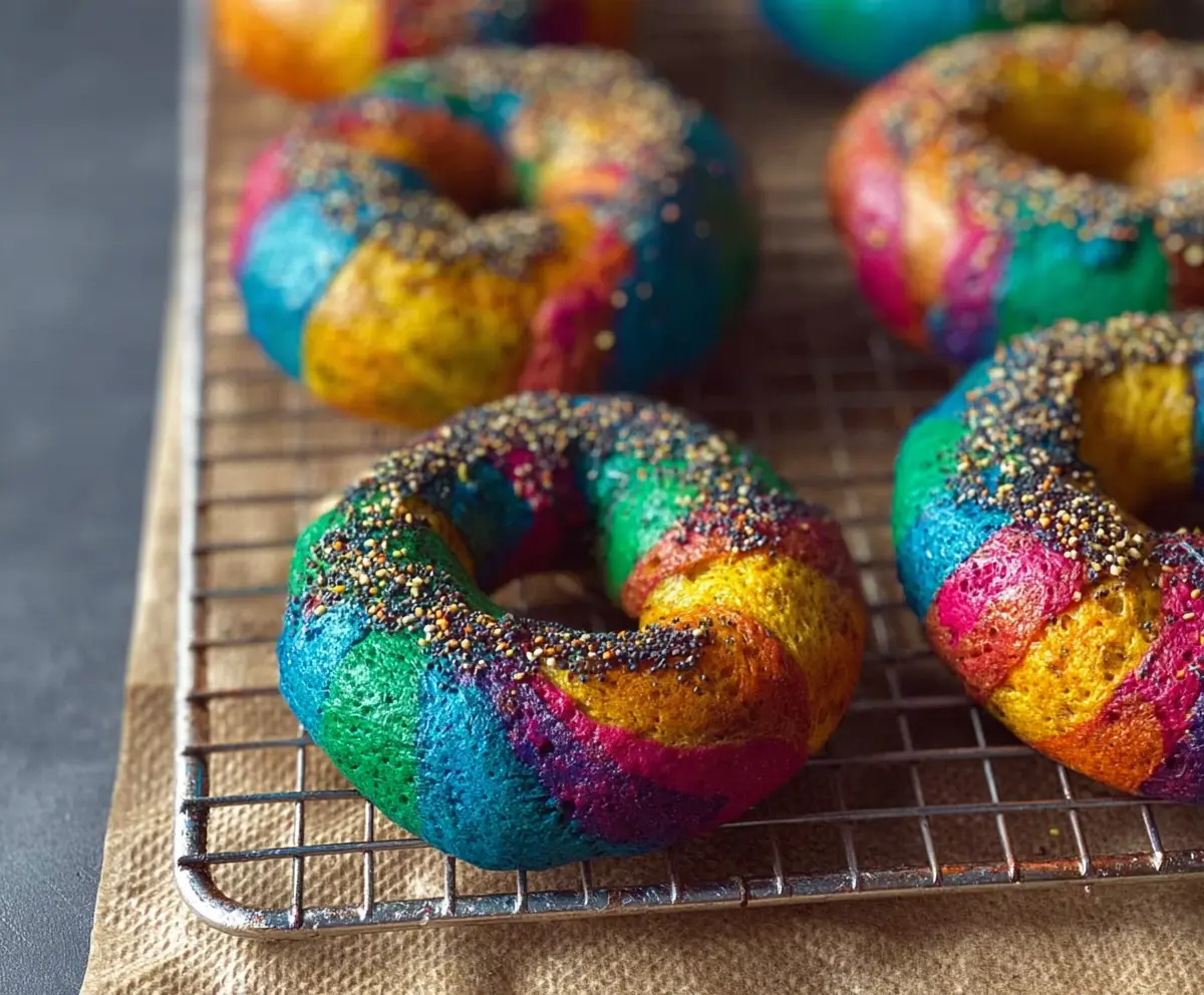 Vibrant rainbow bagels with colorful swirls on a white plate, perfect for breakfast or snack.