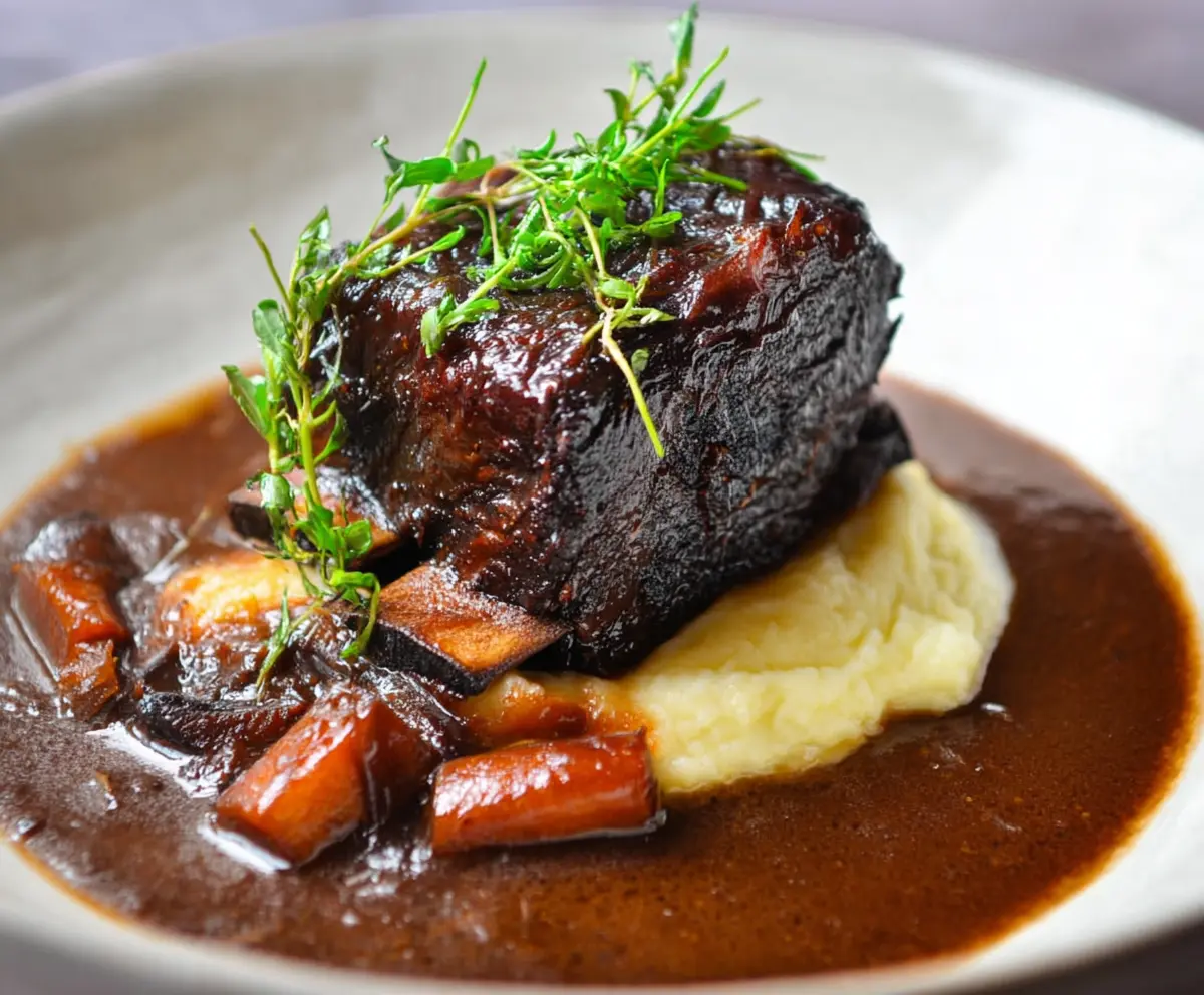 Delicious red wine braised short ribs served on a plate with sides.
