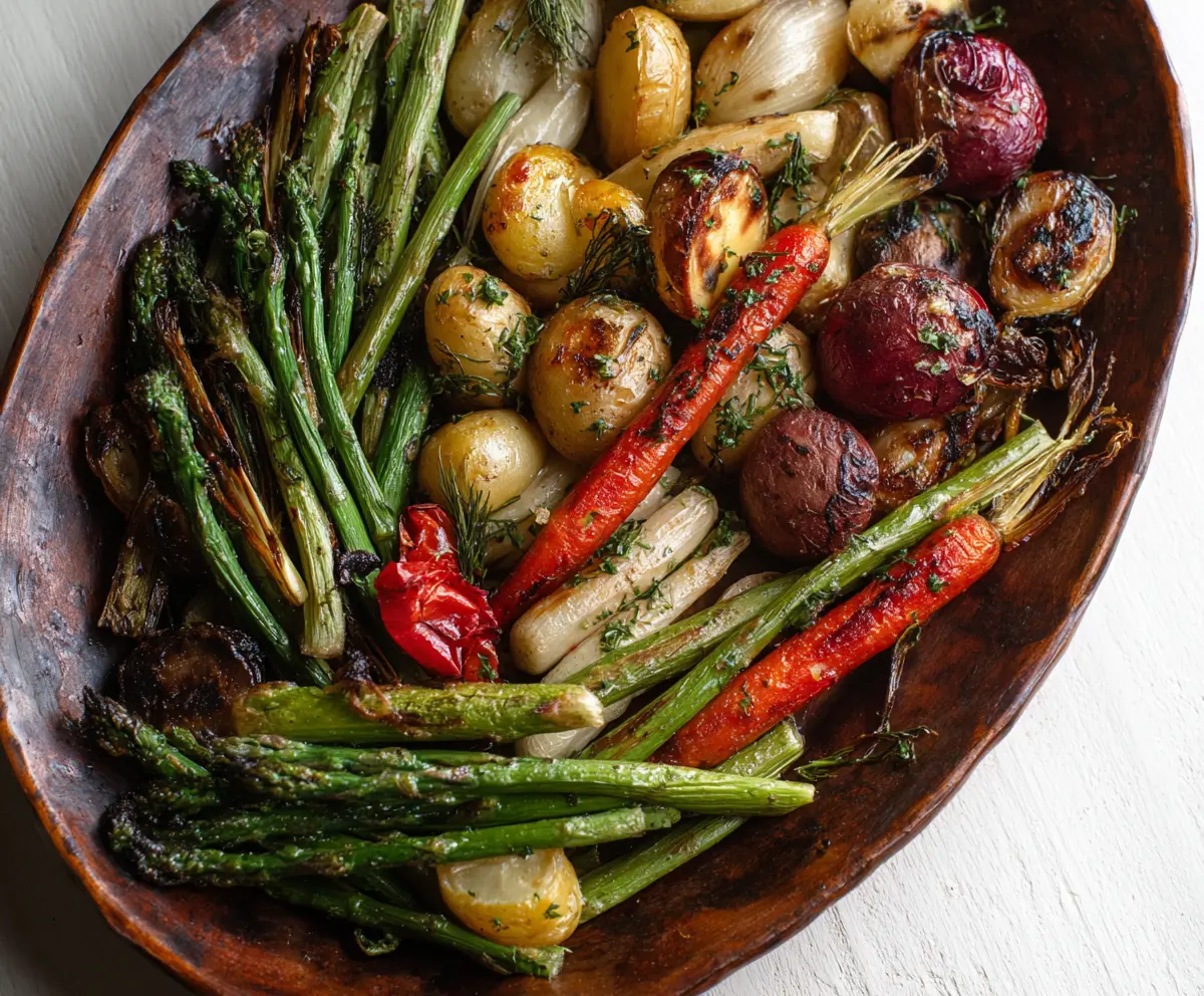 Colorful roasted spring vegetables on a plate, perfect for a healthy meal.