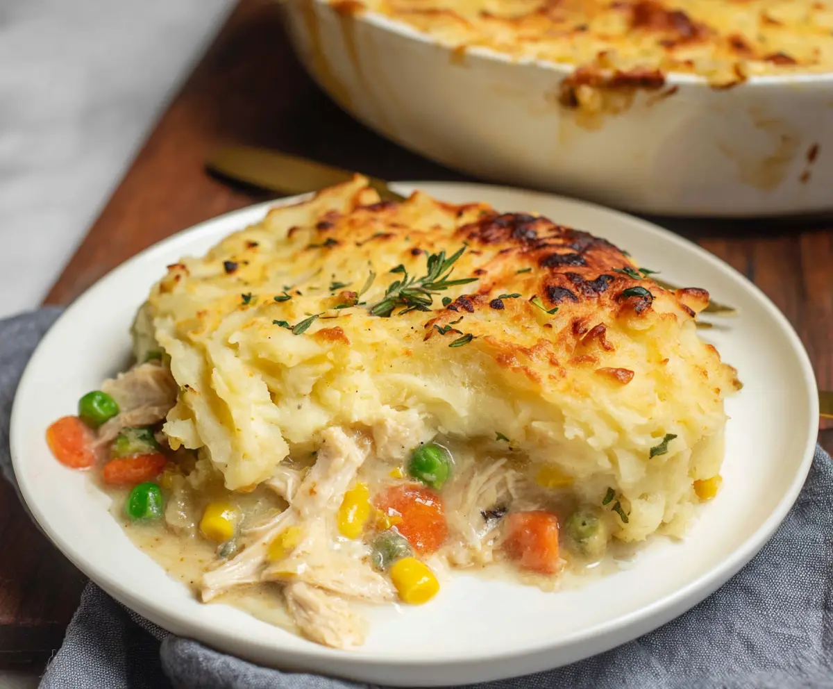 Delicious rotisserie chicken shepherd's pie topped with golden mashed potatoes and fresh herbs.